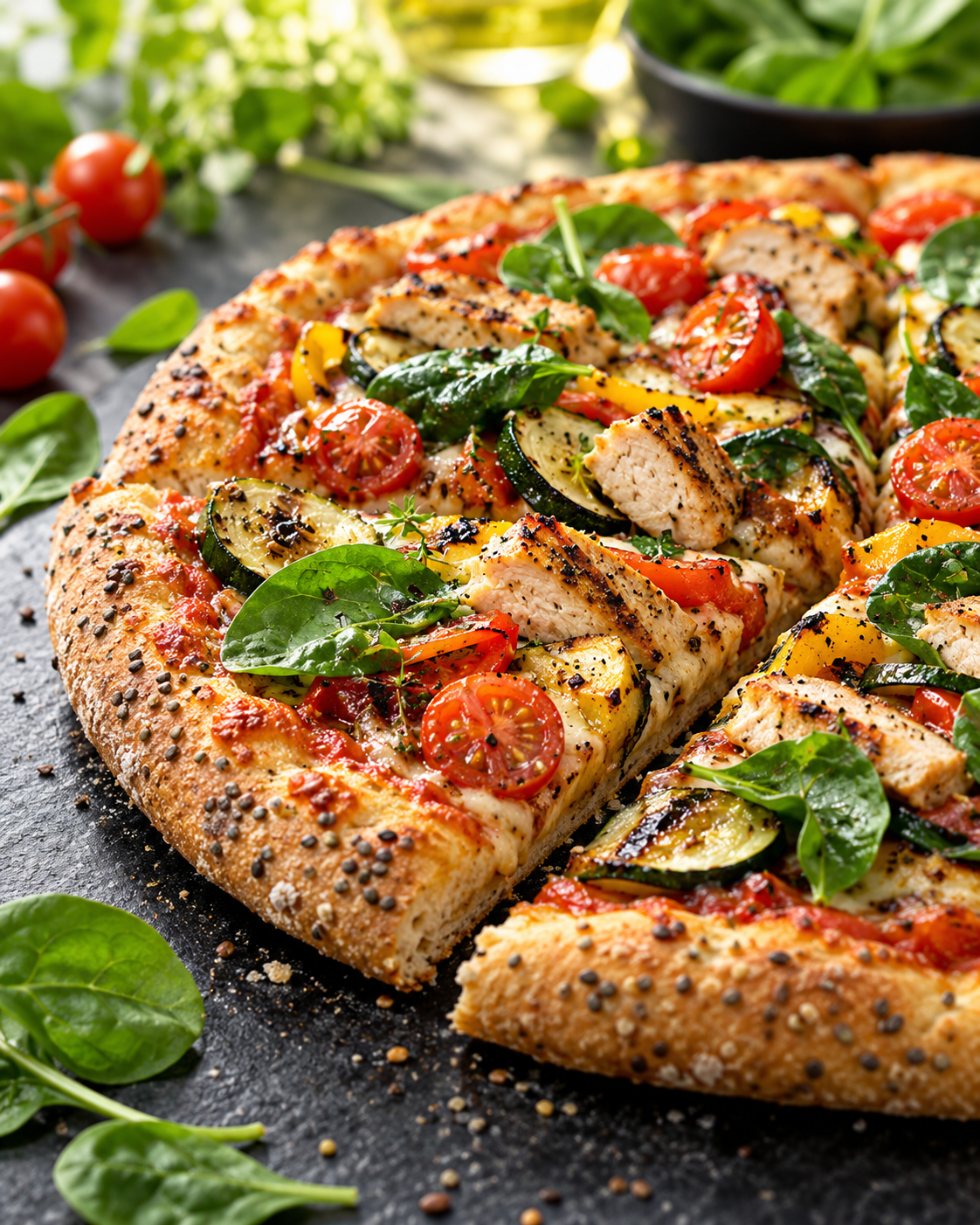 Fitness-Pizza auf Dinkelteig mit Chia-Samen