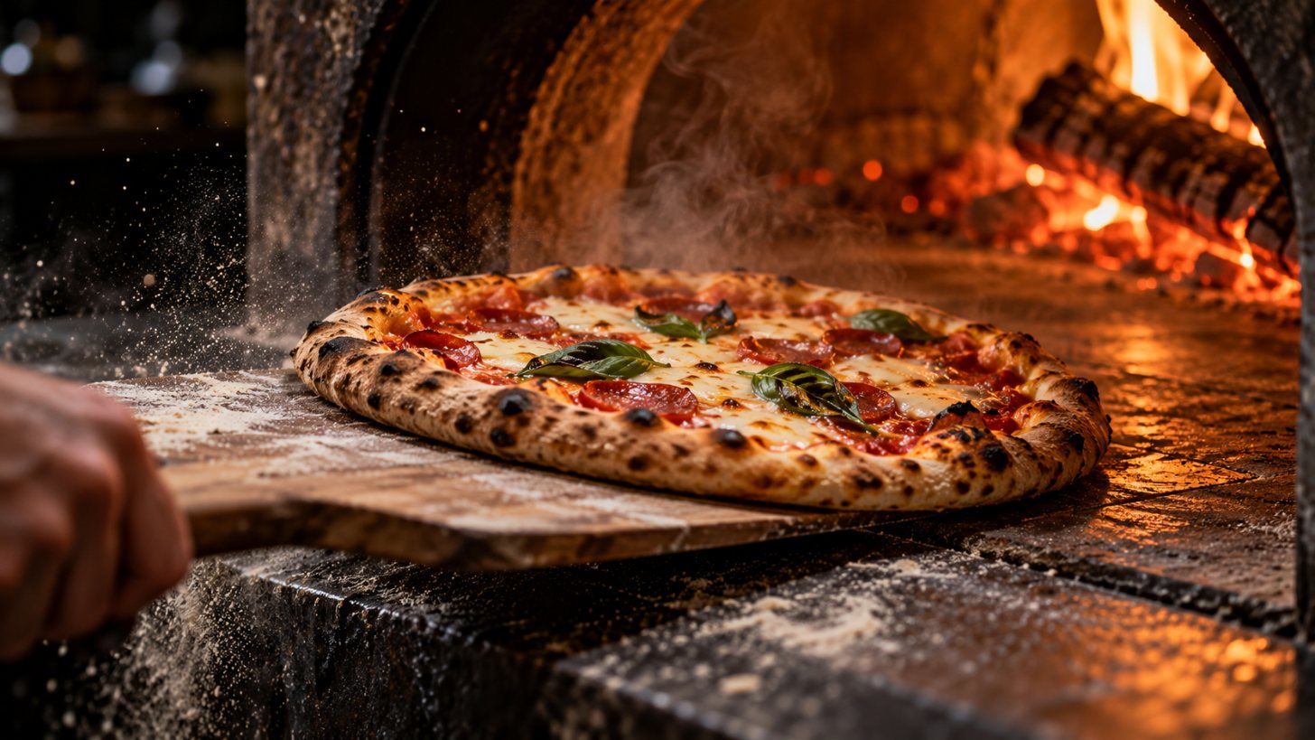 Pizza wird auf den heißen Naturstein geschoben