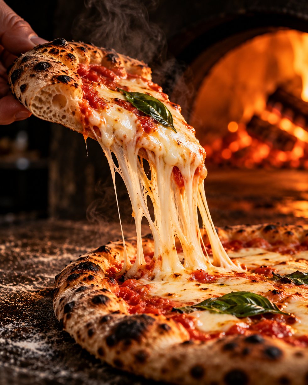 Pizzastück mit langem Käsefaden